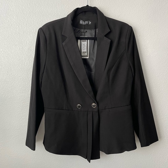 Evia Black Pleated Peplum Blazer sz 2x Dress Classy Work Coat Double Button - Picture 2 of 8